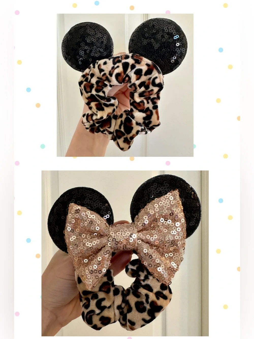 Cheetah/Leopard Print Velvet Minnie Mouse Ears Scrunchie, Sequined Ears and Bow